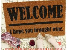 Sustainable coir doormat printed with Wine, Beer, Weed, Cake, Tacos, Vodka funny welcome mat text