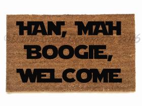 coir doormat with star wars quote "Han mag boogie, welcome"