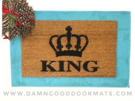 Sustainable coir doormat with crown design and 'The King' text, fun welcome mat for front door