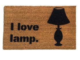 Coir doormat printed with Anchorman's 'I love lamp' quote, funny nerdy welcome mat for front door.