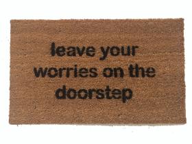 Natural coir doormat printed with Leave Your Worries on the Doorstep mantra, boho welcome mat