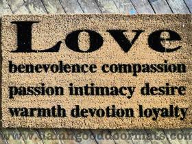 Brown coir doormat with LOVE dictionary definition, funny welcome mat for front door