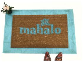 Mahalo Hawaiian tiki doormat with orchid & aqua lettering on natural coir welcome mat