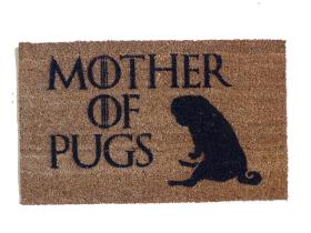 Game of Thrones inspired doormat with "Mother of PUGS" text and pug illustrations