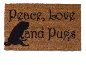coir doormat reading "Peace, Love & Pugs" with a pug silhouette, welcome mat for dog lovers by Damn Good Doormats.