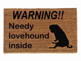 Needy Lovehound™ doormat with expressive pug illustration