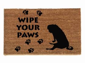 sustainable coir doormat with pug portrait, paw prints reading "wipe your paws"