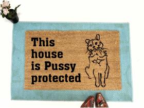 coir doormat reading This house is Pussy Protected with a drawing of a cat
