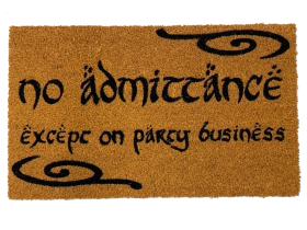 Tan coir doormat, swirled hobbit-hole design, "No Admittance Except On Party Business" funny welcome mat text