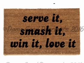 Tennis-themed doormat with "Smash It, Serve It, Love It" text on sustainable coir material