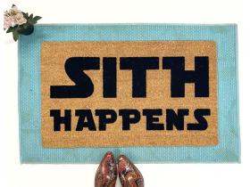 Sustainable coir doormat with black ‘Sith Happens’ Dark Jedi Star Wars design, outdoor welcome mat