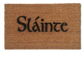coir doormat printed with Irish word Sláinte for St. Patrick's Day welcome mat