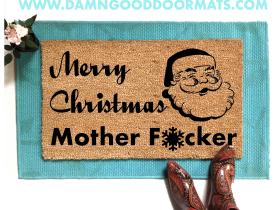 Coir doormat with snowflake border and Merry Christmas Motherfucker text, rude holiday welcome mat