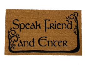 Tan coir doormat with Doors of Durin trees and "Speak Friend and Enter" Tolkien quote