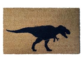 Brown coir doormat with 'Beware of the T Rex' design and dinosaur silhouette, welcome mat for front door