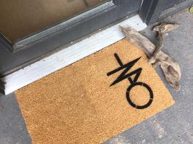 coir doormat with anti-Trump witchcraft sigil design, funny outdoor welcome mat