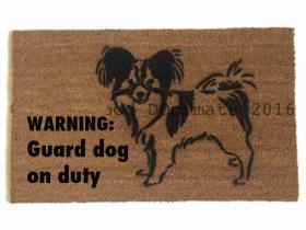 Papillon dog portrait doormat with "Warning: Guard Dog on Duty" text