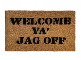 Coir doormat with WELCOME YA JAG OFF text, a funny Pittsburgh welcome mat for the front door.