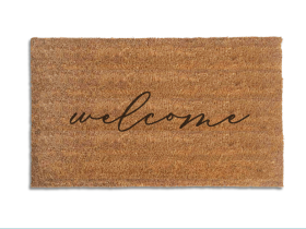 handwritten cursive welcome on a natural coir doormat