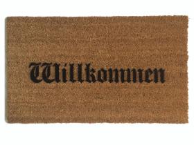 Sustainable coir doormat with Willkommen in Olde World German script, welcome mat