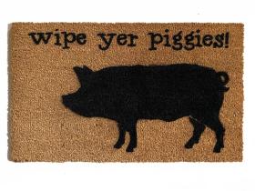 Farmhouse-style doormat with "Wipe Your Piggies" text and pig illustration