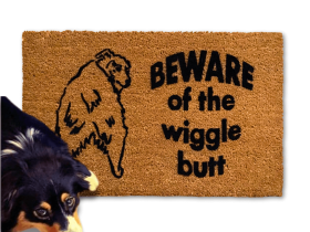 Sustainable coir doormat printed with 'Beware of the Wiggle Butt' and an Australian Shepherd for dog lovers