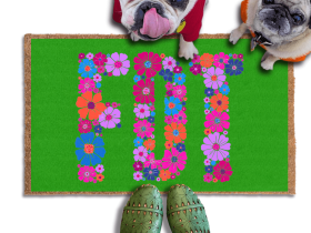 A pug and a french bulldog standing on a green doormat with the word "FDT" written on it in purple flowers, with a person's feet visible underneath.