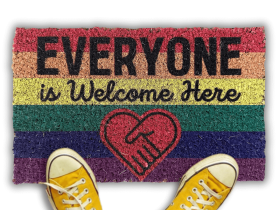 Everyone is Welcome Here rainbow LGBTQ pride doormat with heart by Damn Good Doormats