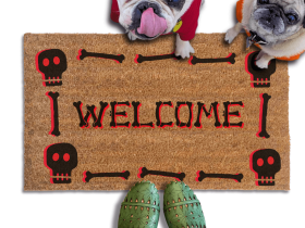 a Halloween-themed welcome mat with a skeleton and skull motif, a brindle french bulldog and a fawn pug in hoodies look up and a pair of feet in witchy boots stand on the doormat.