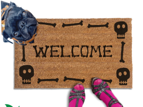 a black pug dog on a Halloween welcome mat with the word "WELCOME", and a pair of feet wearing pink tights and high heels.