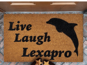 Live Laugh LEXAPRO dolphin doormat on a brick patio