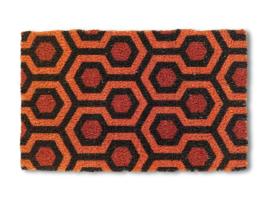 Orange and brown retro hexagon pattern doormat, eco coir welcome mat inspired by horror movie carpet design.