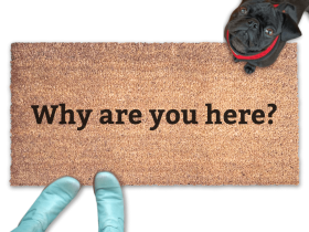 Introverted Why are you here? doormat with a little black pug looking up at a person in smurf blue boots