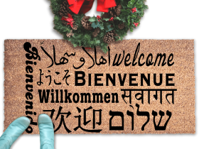 Sustainable coir doormat with Welcome printed in multiple languages