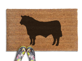 Black Angus Bull farmhouse doormat, sustainable coir welcome mat with bull design for front door entry.