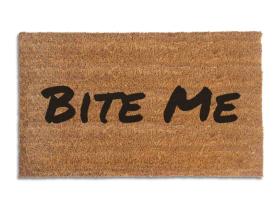 Coir doormat printed with Bite Me in bold black brush lettering