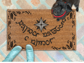 Black coir doormat with Tengwar Elvish script welcome mat design for Tolkien fans