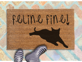 Sustainable coir doormat printed with 'Feline Fine' cat lover text, welcome mat for cat owners' front door