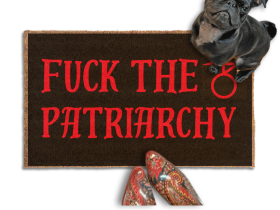 Fuck the Patriarchy doormat with a witchy sigil in red on black from Damn Good Doormats