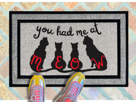 A pair of colorful sneakers stands on an all weather gray and black doormat with the text "you had me at meow" and silhouettes of cats