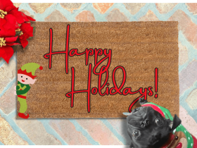 Happy Holidays! Elf Christmas shown witha. black pug puppy in a christmas sweater