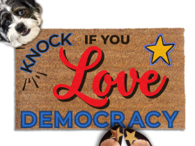 Knock if you love democracy door mat with cute terrier dog and gold star shoes