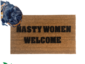 Sustainable coir welcome mat printed with Nasty Women Welcome text, custom front door doormat