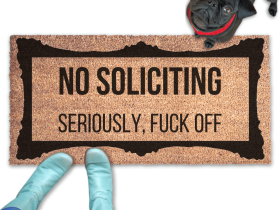 Natural coir No Soliciting Seriously Fuck Off doormat with bold black lettering, a rude funny welcome mat. 