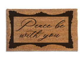 Sustainable coir doormat that reads "Peace Be With You" inspirational welcome mat for the front door.