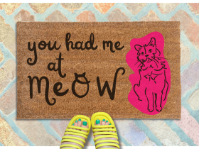 a pair of yellow strappy sandals on a brick floor, with a funny doormat. The text on the welcome mat reads "you had me at meow".