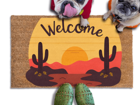 A pug and a french bulldog standing on a welcome mat with a desert sunset with cactus and landscape design, and a person's feet wearing green shoes in the foreground.