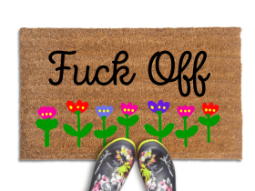 promotional image of a coir doormat reading "fuck off" in cursive with red and purple flowers across the  bottom