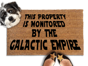 This Property Monitored by the Galactic Empire Doormat with cute terrier dog looking up and a woman in black flats with gold stars on the toes