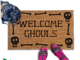 a dog standing next to a welcome mat with the text "WELCOME GHOULS" on it. The dog is wearing a collar and appears to be looking at the mat. The mat has a skull design. The image also includes a pair of feet wearing pink tights and high heels.